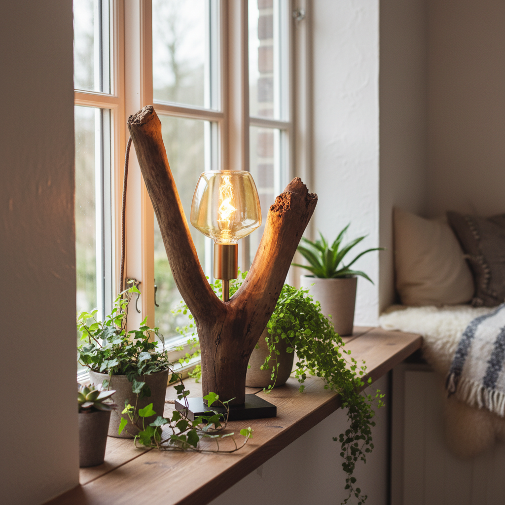 Bordlampe i vindueskarm med planter