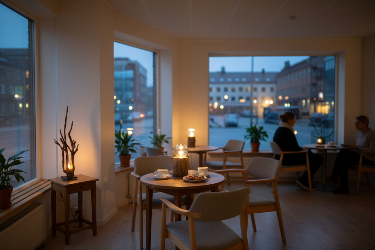 Busken på hjørnebord i bycafé