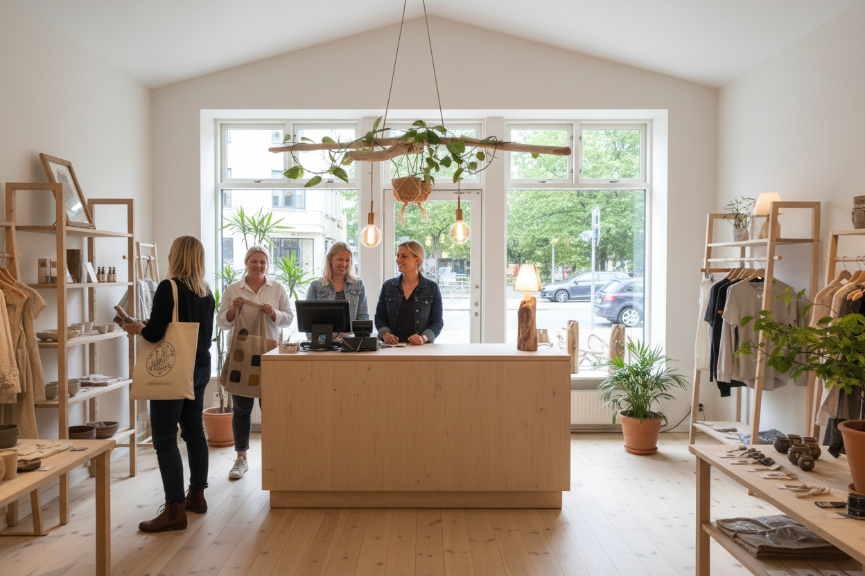 Butik med loftlampe over skranken