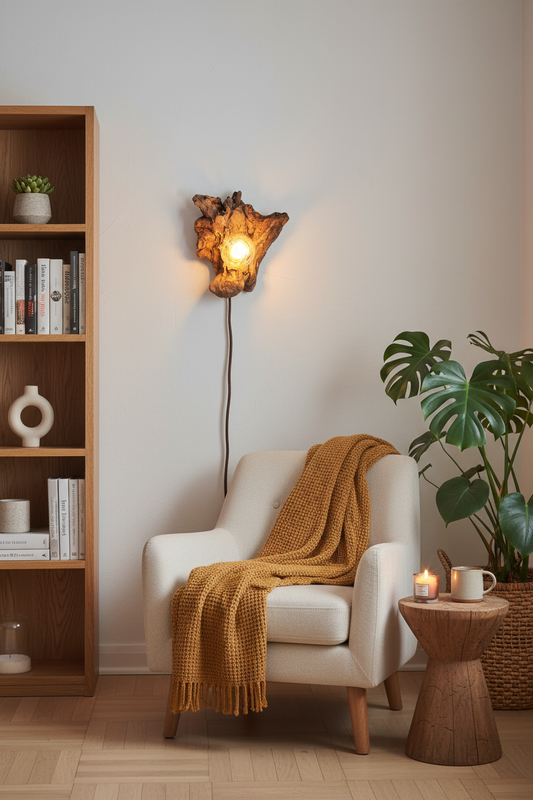Driftwood Wall Lamp – Floor Plant & Brighter Room