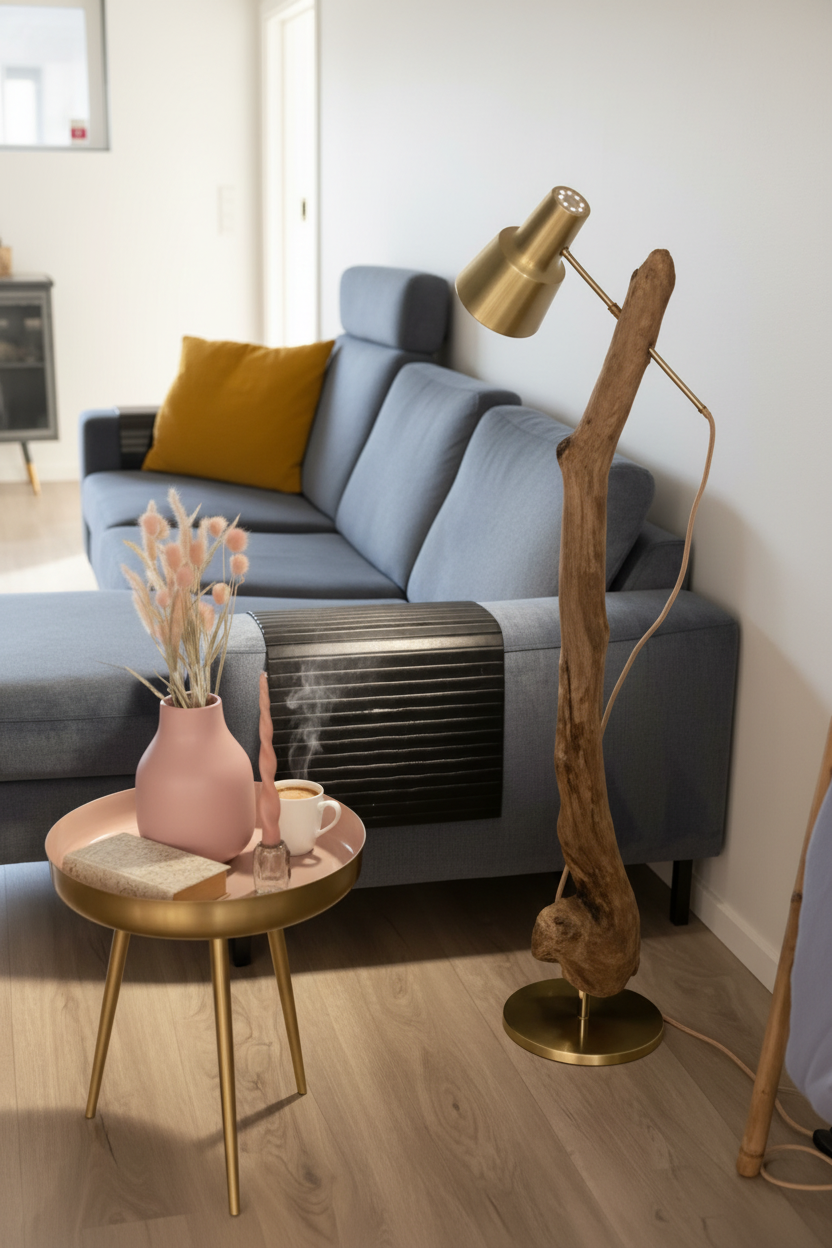 Gulvlampe i lysere stue med bog og kaffe