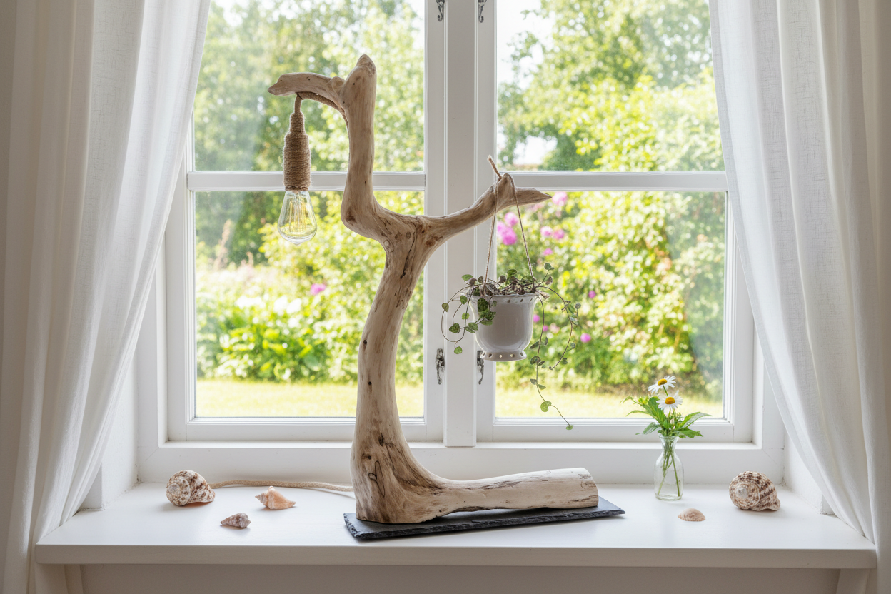 Hvid drivtødslampe med muslinger og minivase