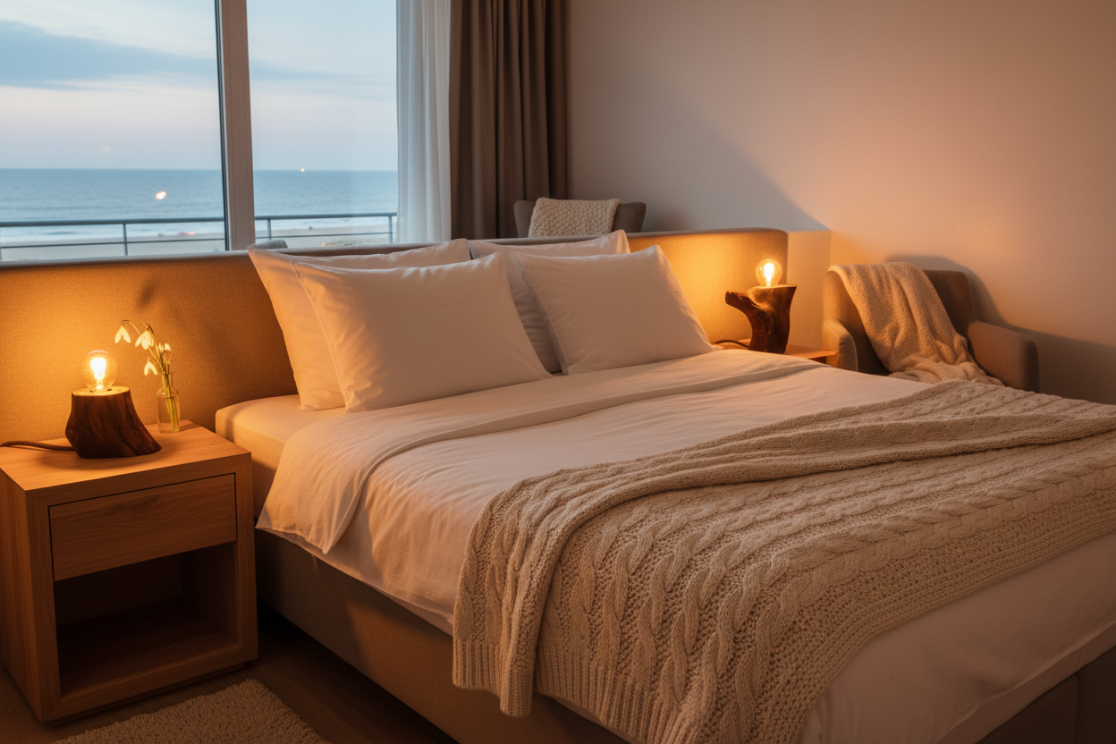 Hyggeligt kysthotelværelse med stublamper og strandudsigt
