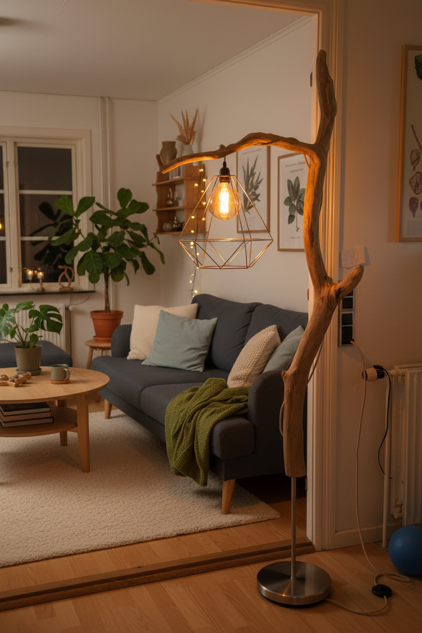 Hyggeligt produktfoto af gulvlampe med geometrisk skærm