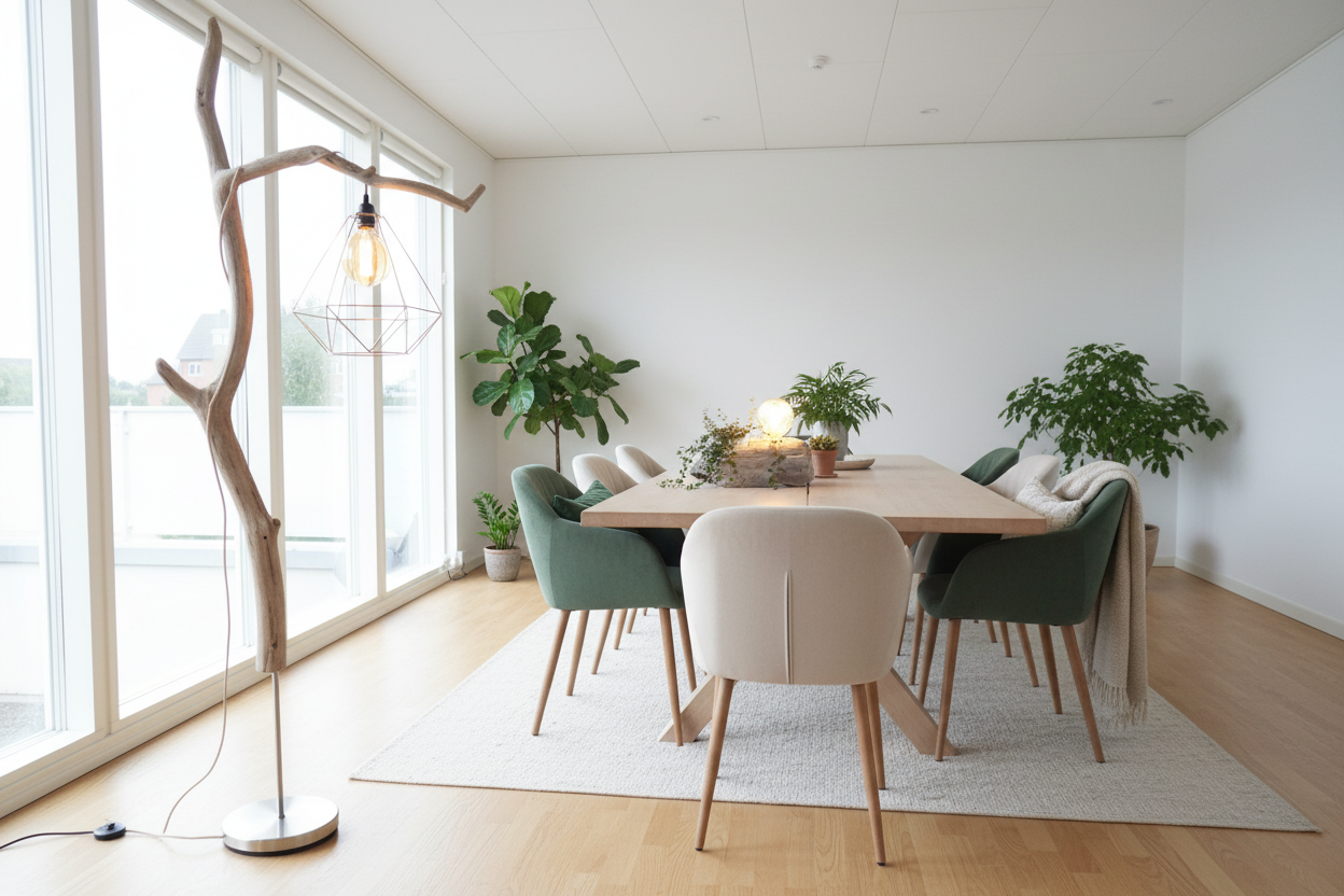 Lyst hyggeligt mødelokale med begge lamper