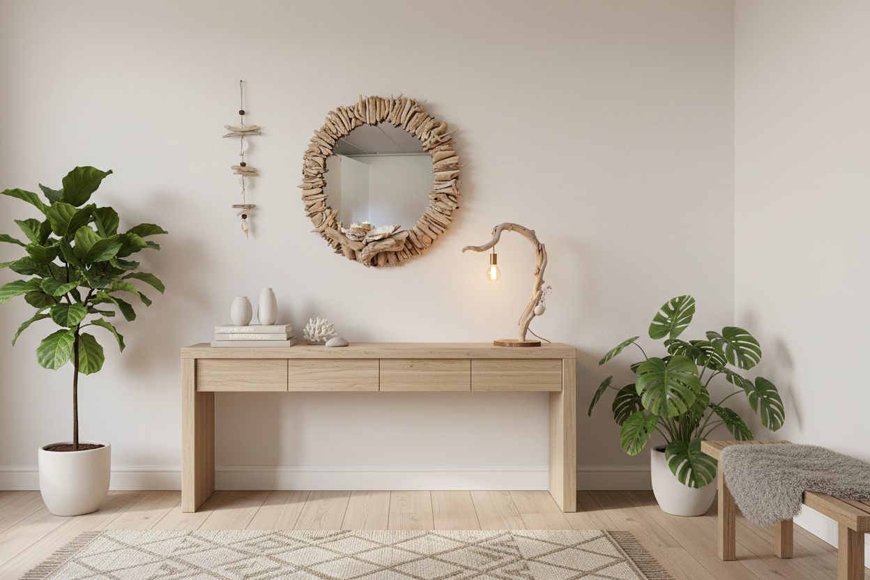 Nordic entryway with driftwood products, plants and styling
