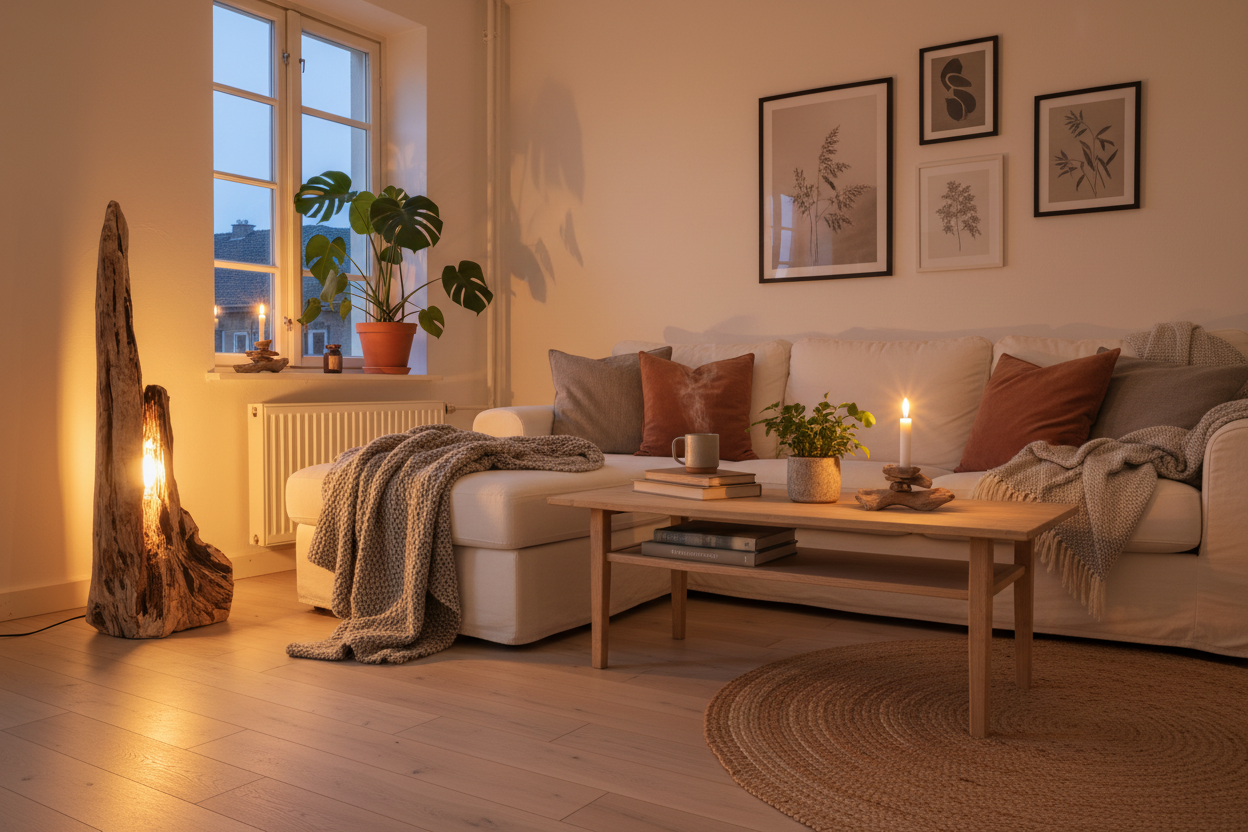 Ommerwood gulvlampe og lysestage i hyggelig lejlighed