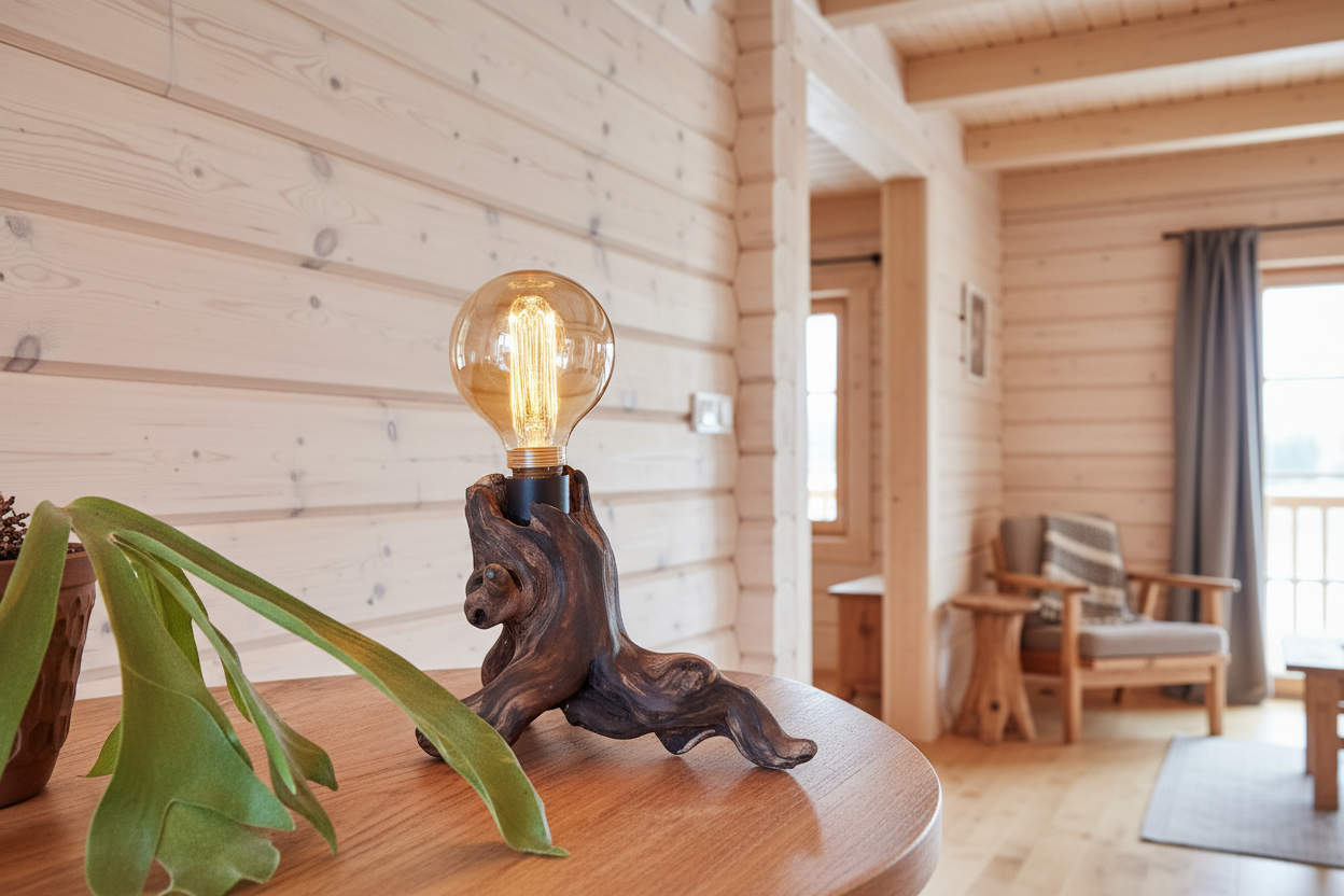 Ommerwood skulpturlampe i lys bjælkehytte