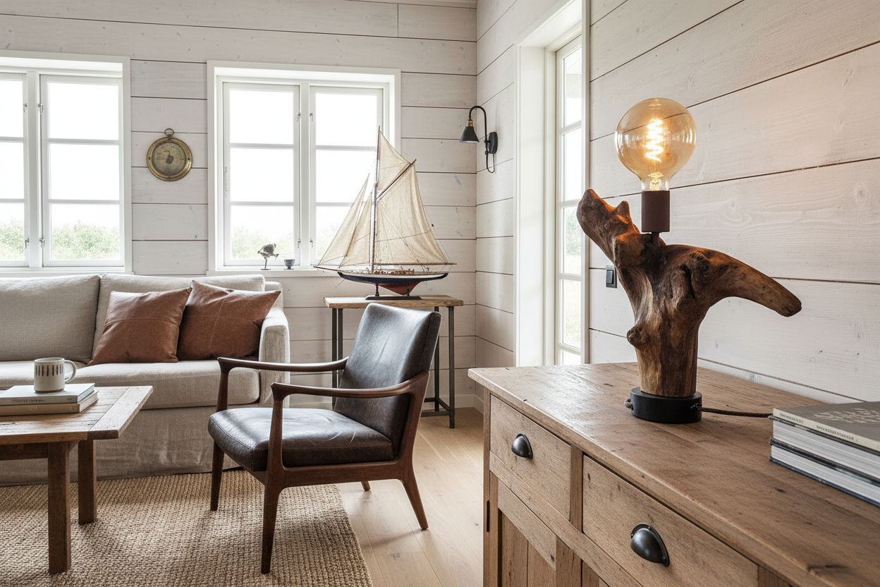Ommerwood trælampe i maskulint sommerhus - uden standerlampe